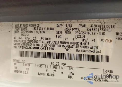 2019 Ford Transit Passenger Wagon Xl/Xlt from USA, damaged, VIN 1FBAX2CM8KKA31115